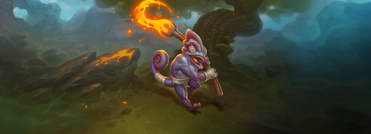  A wizard-like monster is carrying a burning torch, and in the background is rough mountain 